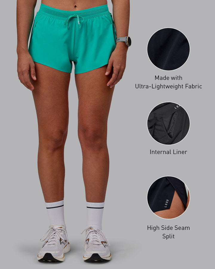 Woman wearing Accelerate Run Shorts - Atlantis
