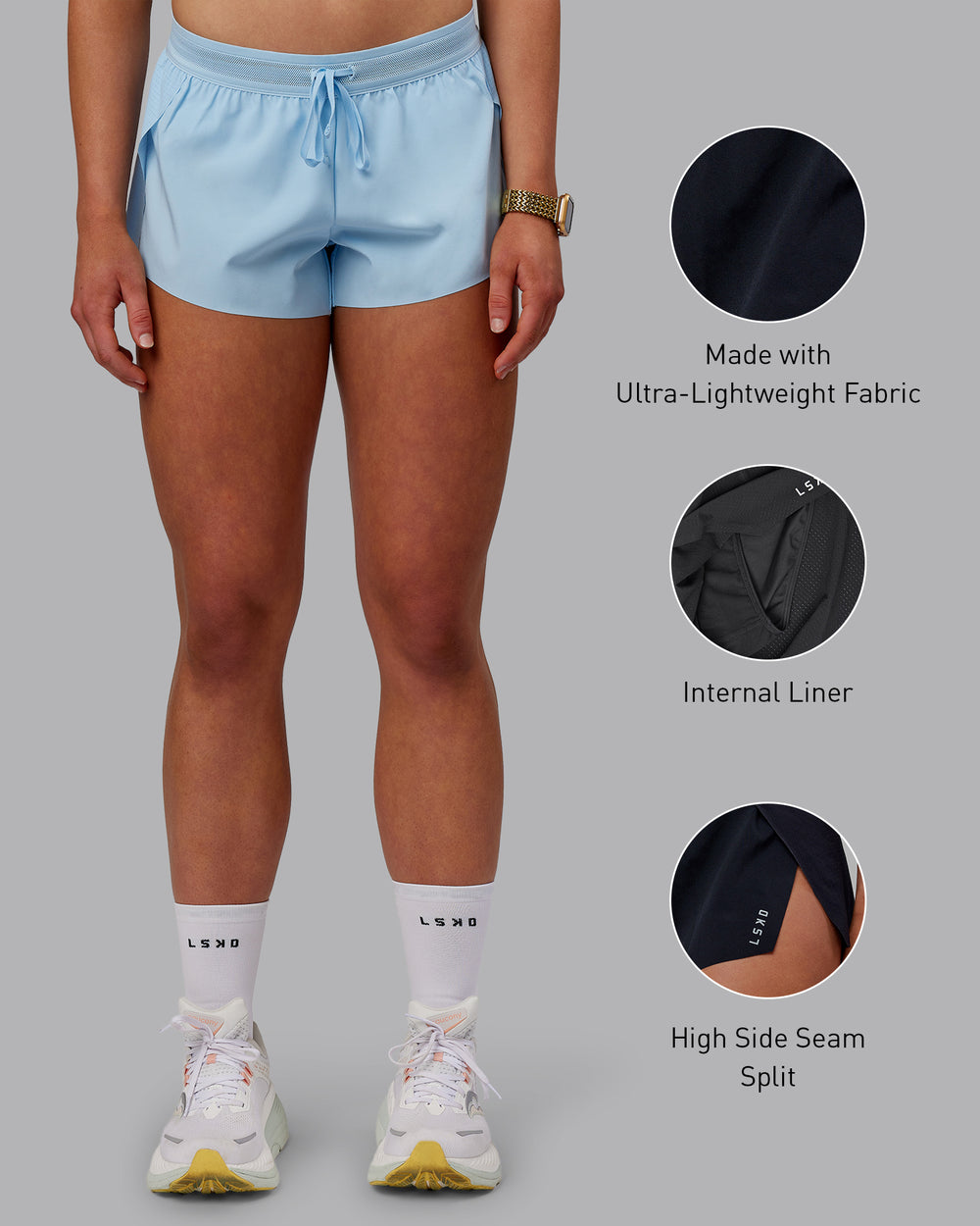 Woman wearing Accelerate 3" Run Shorts - Glacial Blue