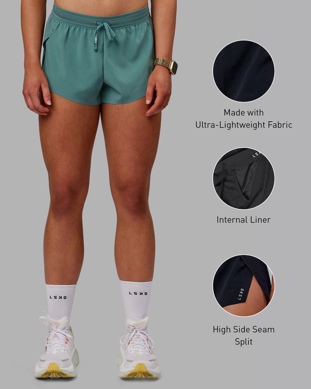 Woman wearing Accelerate 3" Run Shorts - Sagebrush