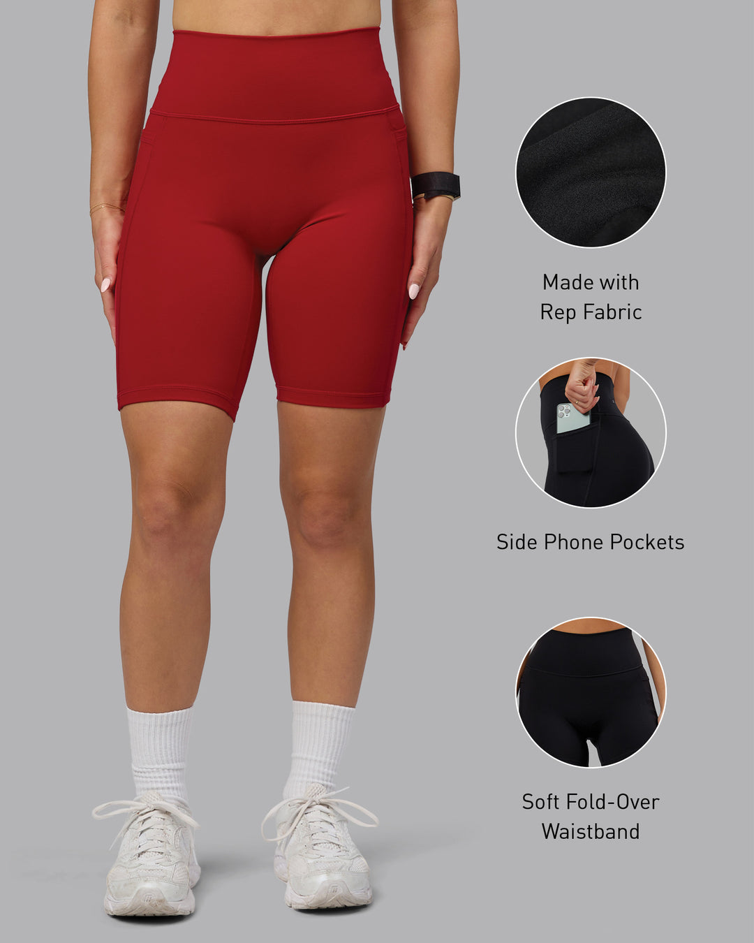 Woman wearing Fusion Bike Shorts with Pockets - Cherry Red