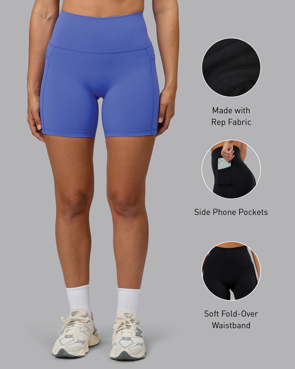 Woman wearing Fusion Mid Short Tights with Pockets - Baja Blue