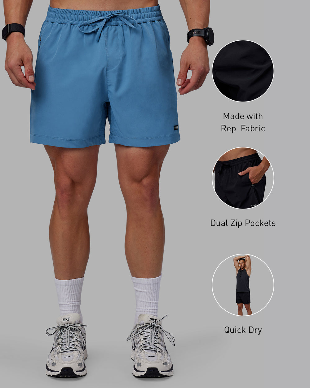 Man wearing Rep 5" Performance Shorts - Elemental Blue