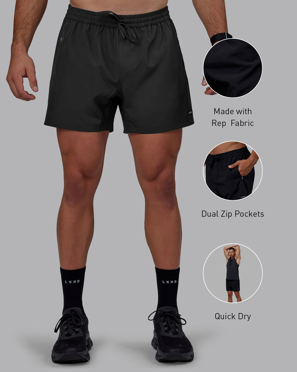 Man wearing Rep 5" Performance Shorts - Pirate Black