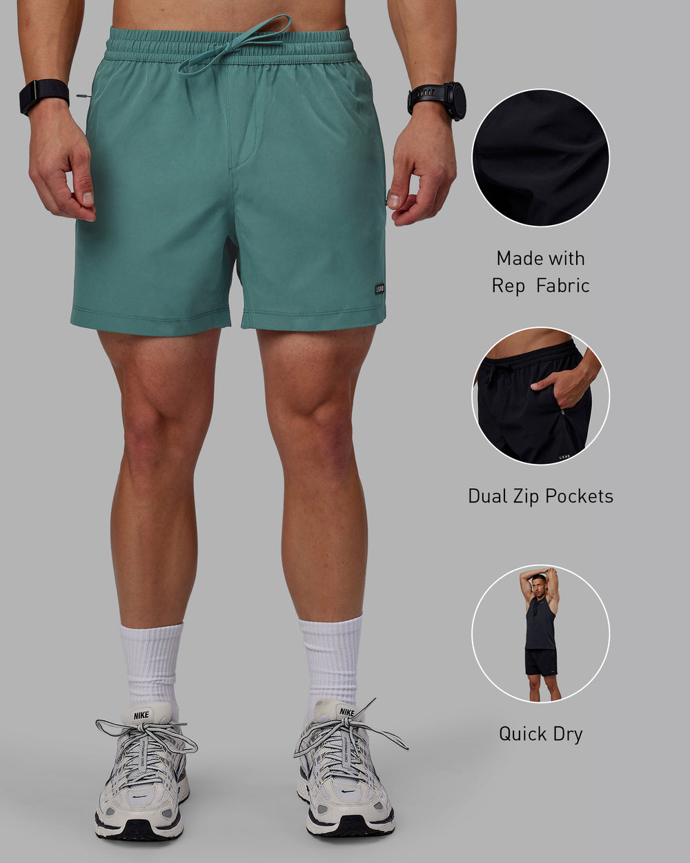 Man wearing Rep 5" Performance Shorts - Sage Bush