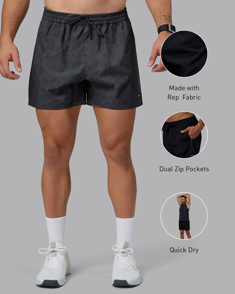 Man wearing Rep 5" Performance Shorts - Digital Camo Pirate Black