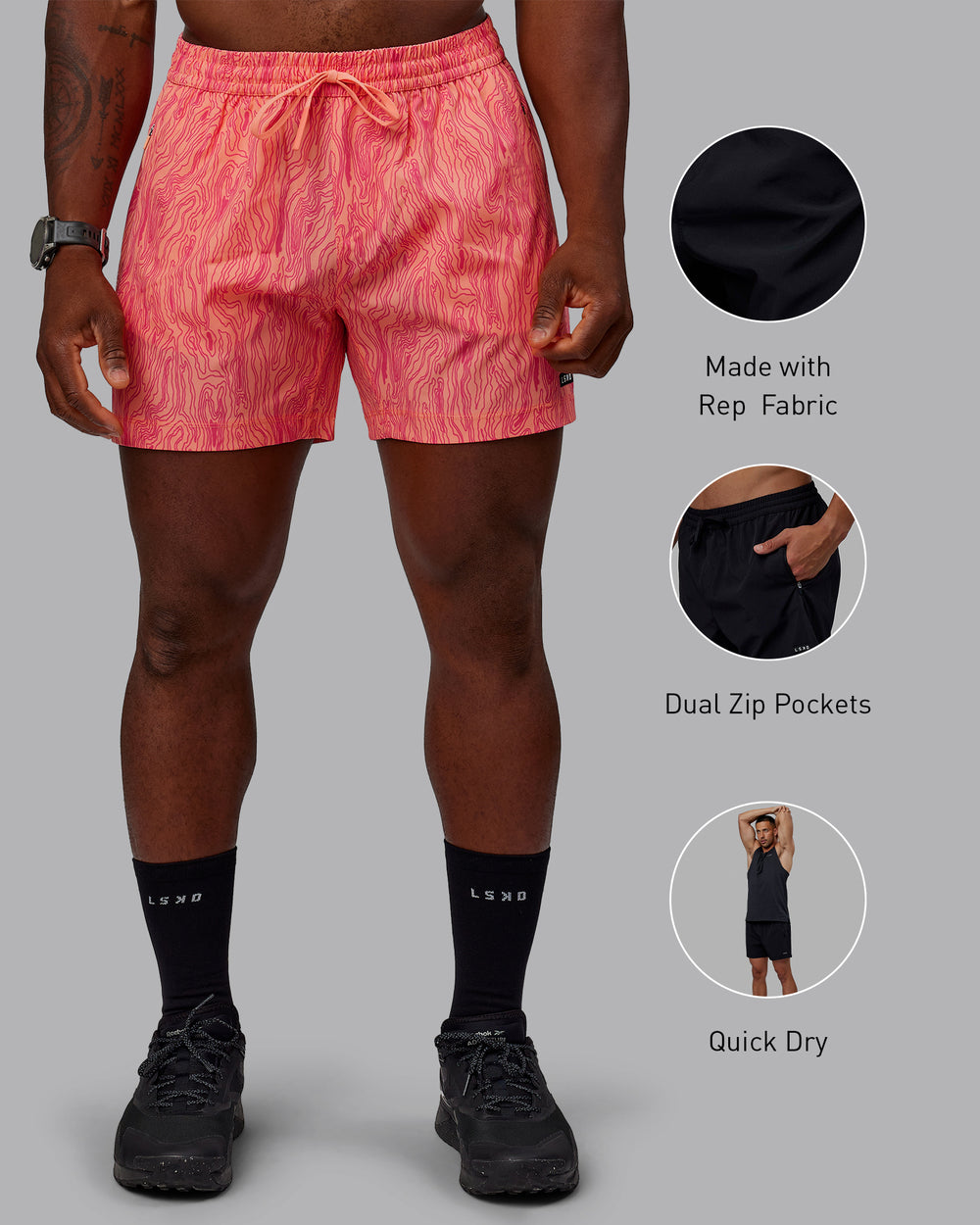 Man wearing Rep 5" Performance Shorts - Topographic Peach