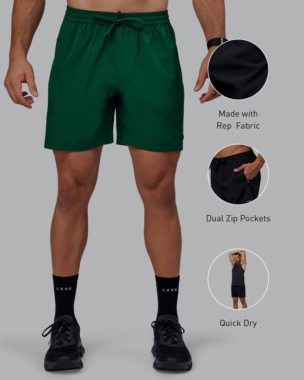 Man wearing Rep 7" Performance Shorts - Deep Emerald