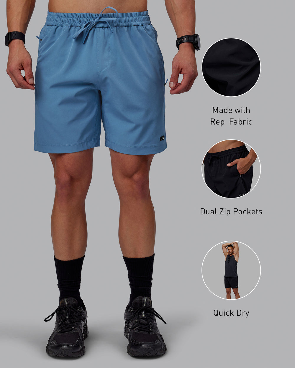 Man wearing Rep 7" Performance Shorts - Elemental Blue