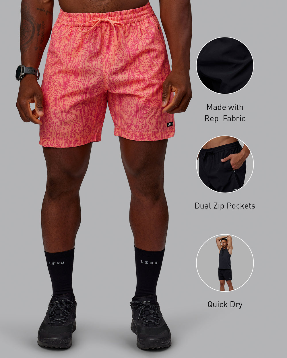 Man wearing Rep 7" Performance Shorts - Topographic Peach