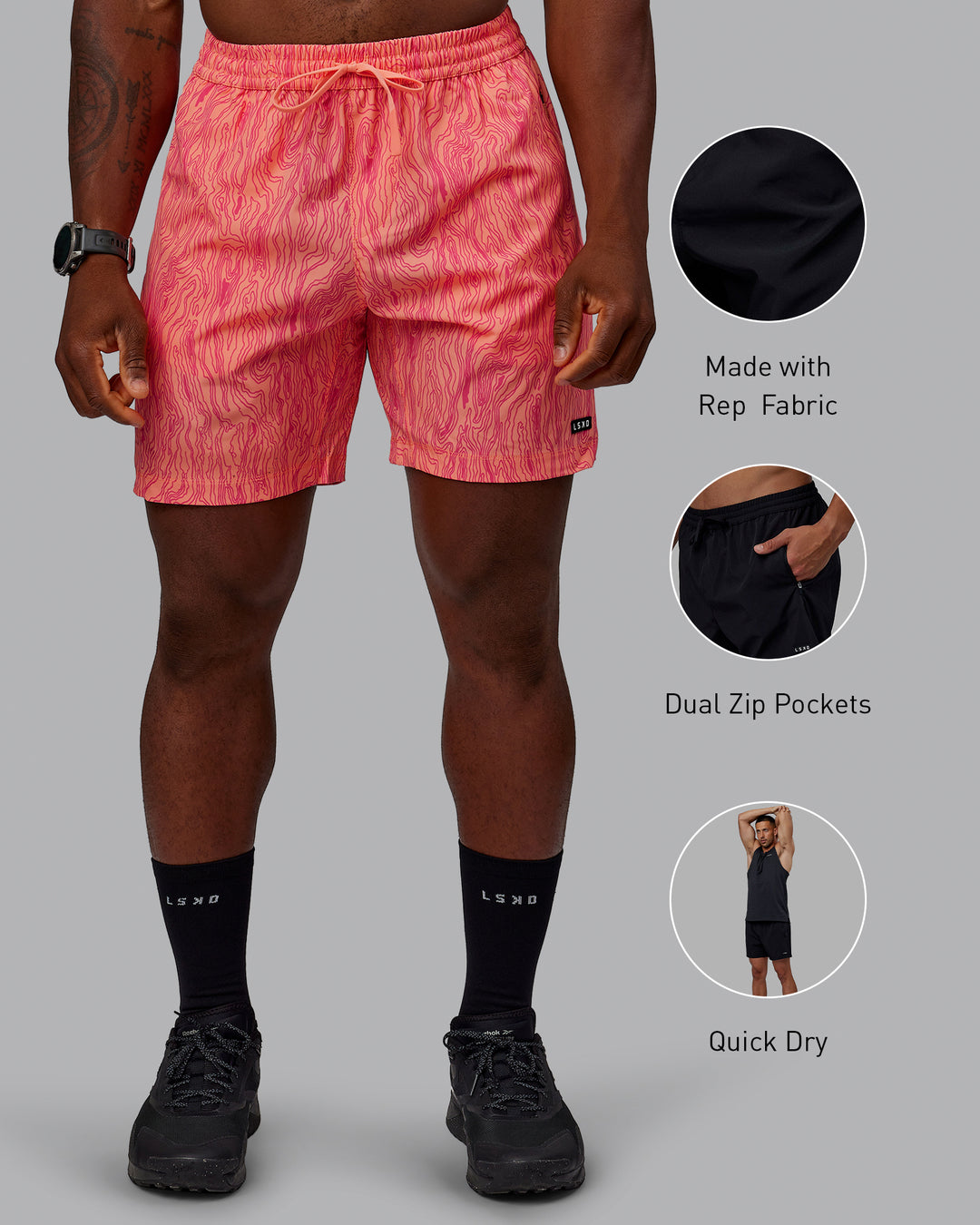 Man wearing Rep 7&quot; Performance Shorts - Topographic Peach