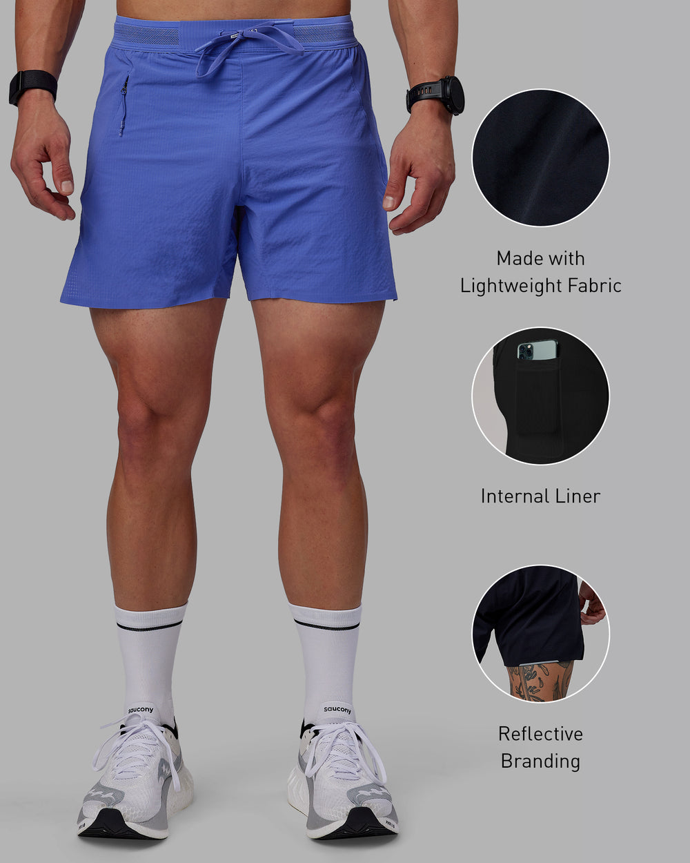 Man wearing UltraAir 5" Lined Performance Shorts - Baja Blue-Reflective