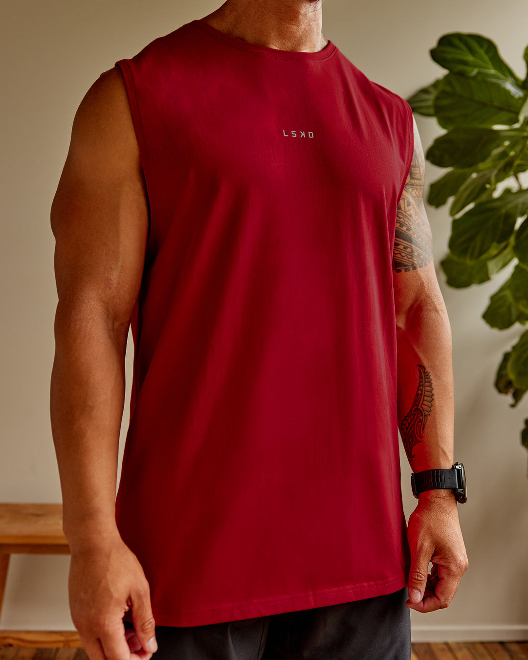 Man wearing Base FLXCotton Tank - Cherry Red-Ivory