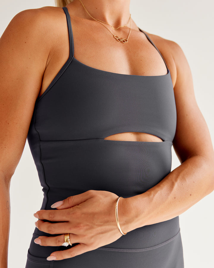 Woman wearing Bree Masters Form Shelf Bra Tank - Stormy
