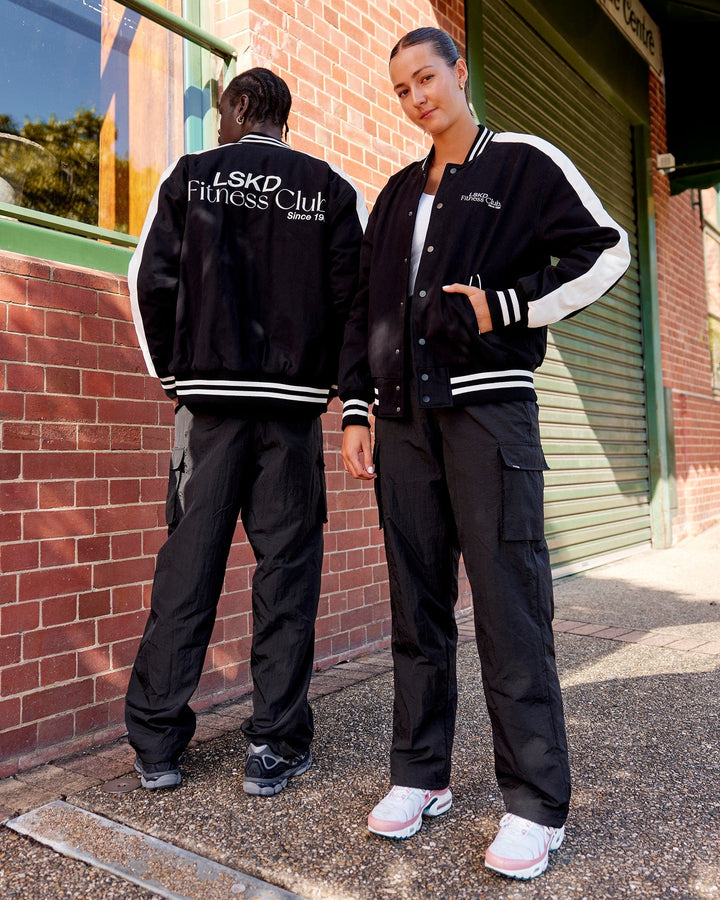 Duo wearing Unisex Fitness Club Bomber Jacket - Black-Off White
