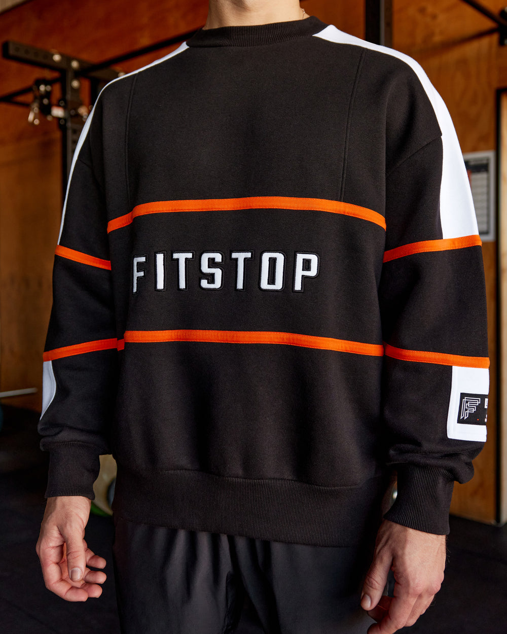 Man Wearing Unisex Fitstop Move More Sweater Oversize - Black-White