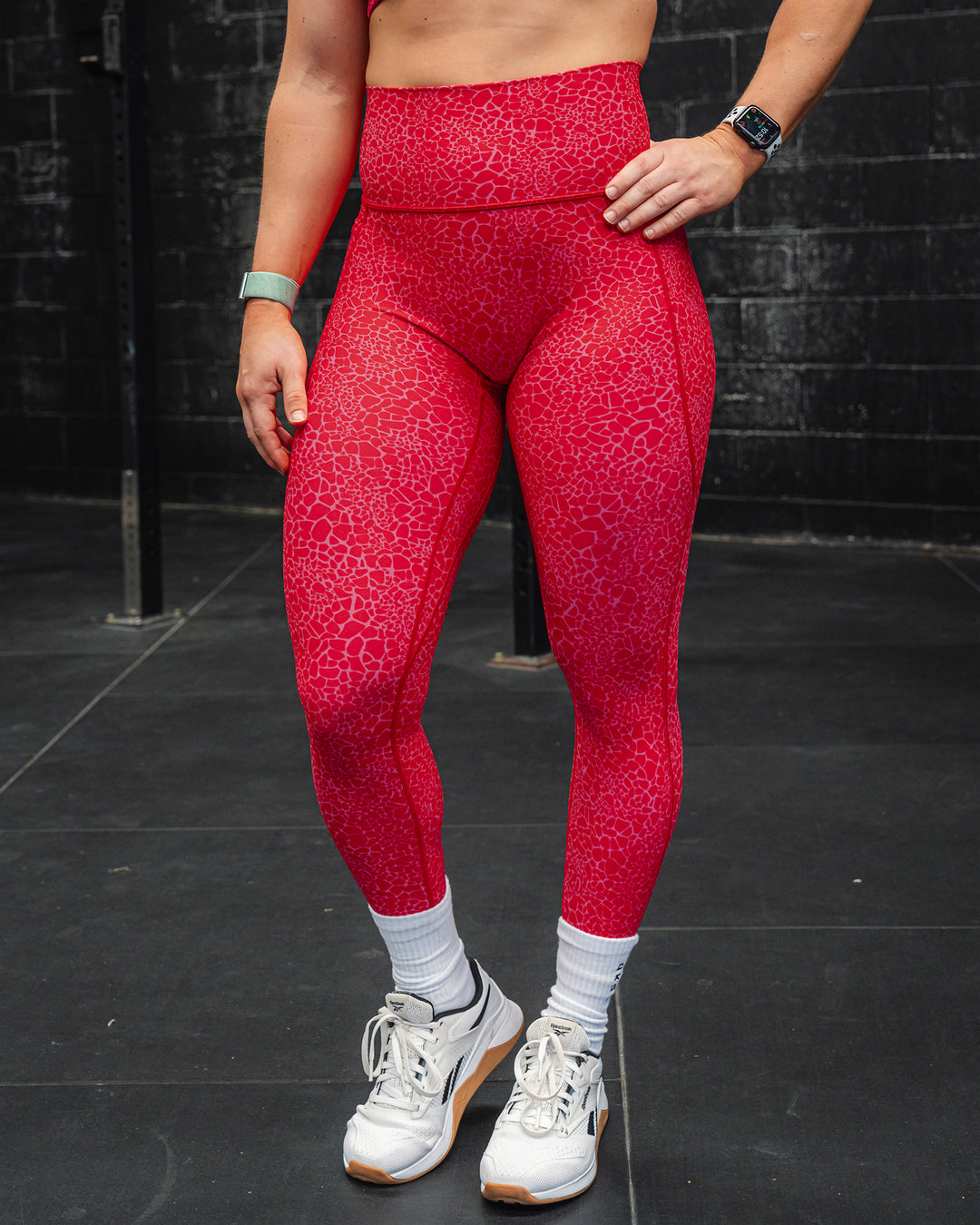 Woman wearing Fusion 7/8 Length Tights - Red Vitality Print