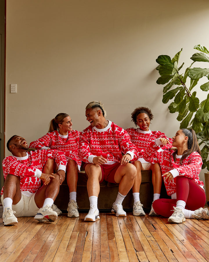 Group wearing Unisex LSKD Christmas Knit Sweater - Cherry Red-Ivory
