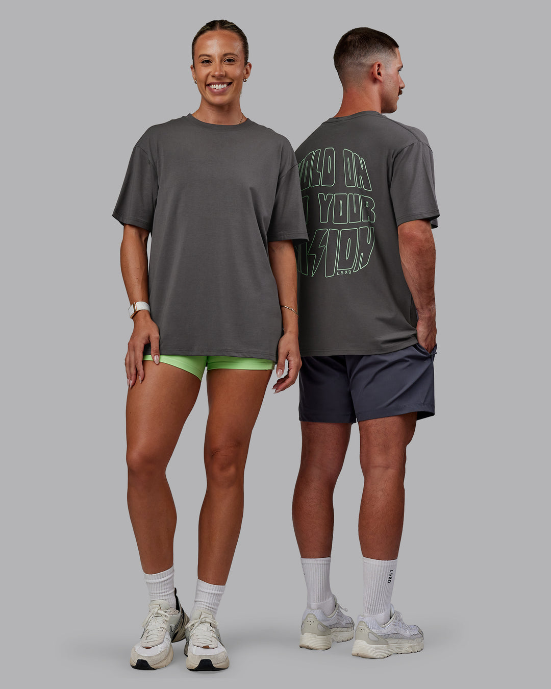 Duo wearing Bree Masters Unisex Vision FLXCotton Tee Oversize - Stormy-Pastel Lime