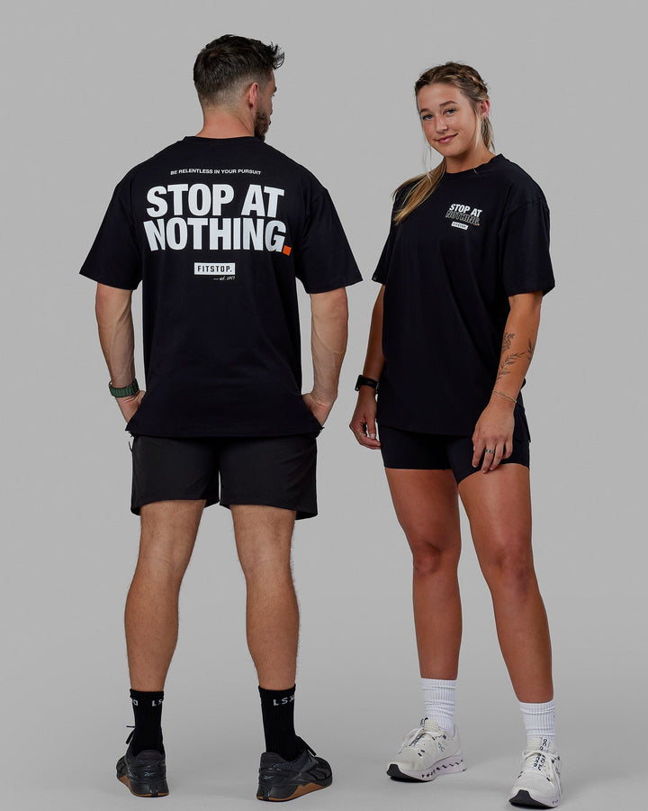 Duo wearing Unisex Fitstop Stop At Nothing Tee Oversize - Black-White
