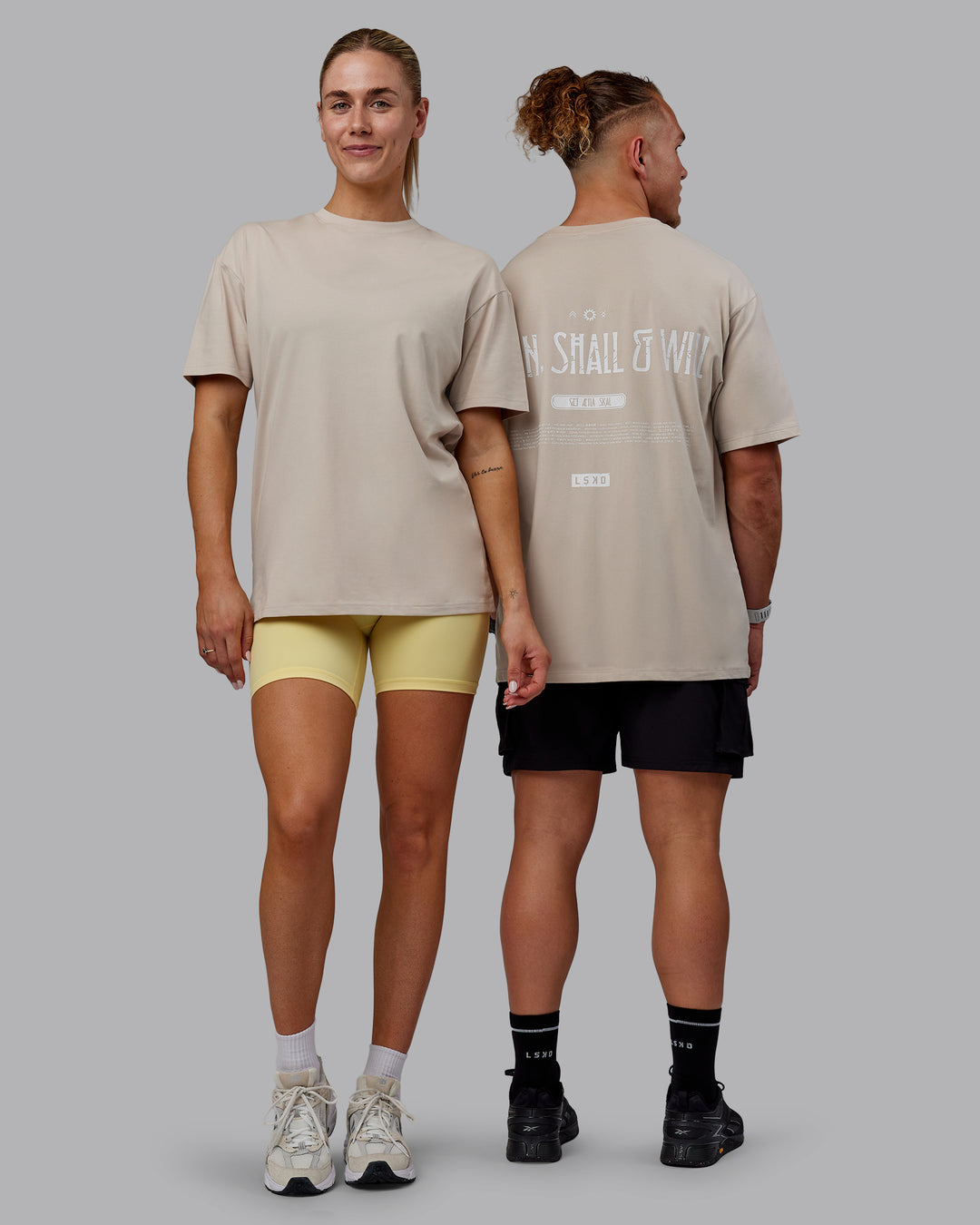 Duo wearing Sara I Can Shall &amp; Will FLXCotton Tee Oversize - Shale Beige-White