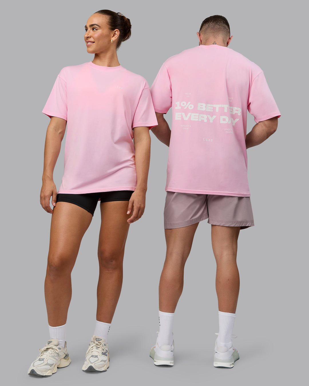 Duo wearing Unisex 1% Better Value Series FLXCotton Tee Oversize - Pale Pink-White