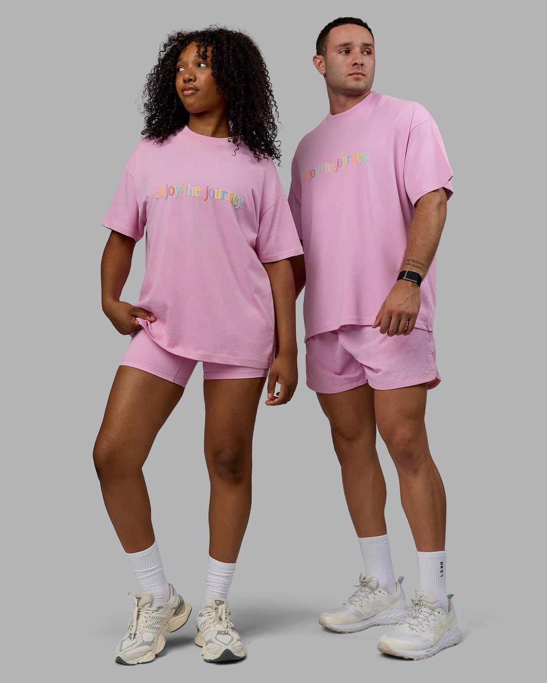 Duo wearing Unisex Enjoy The Journey Heavyweight Tee Oversize - Bubblegum-Multi