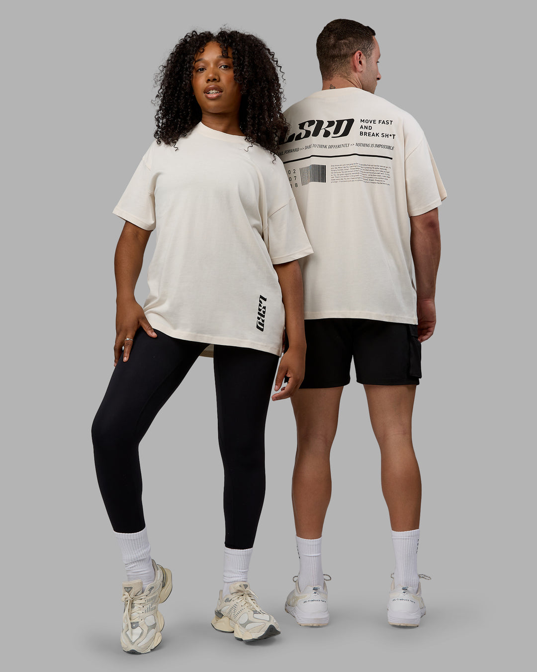 Duo wearing Unisex Fail Forward Heavyweight FLXCotton Tee Oversize - Off White-Black