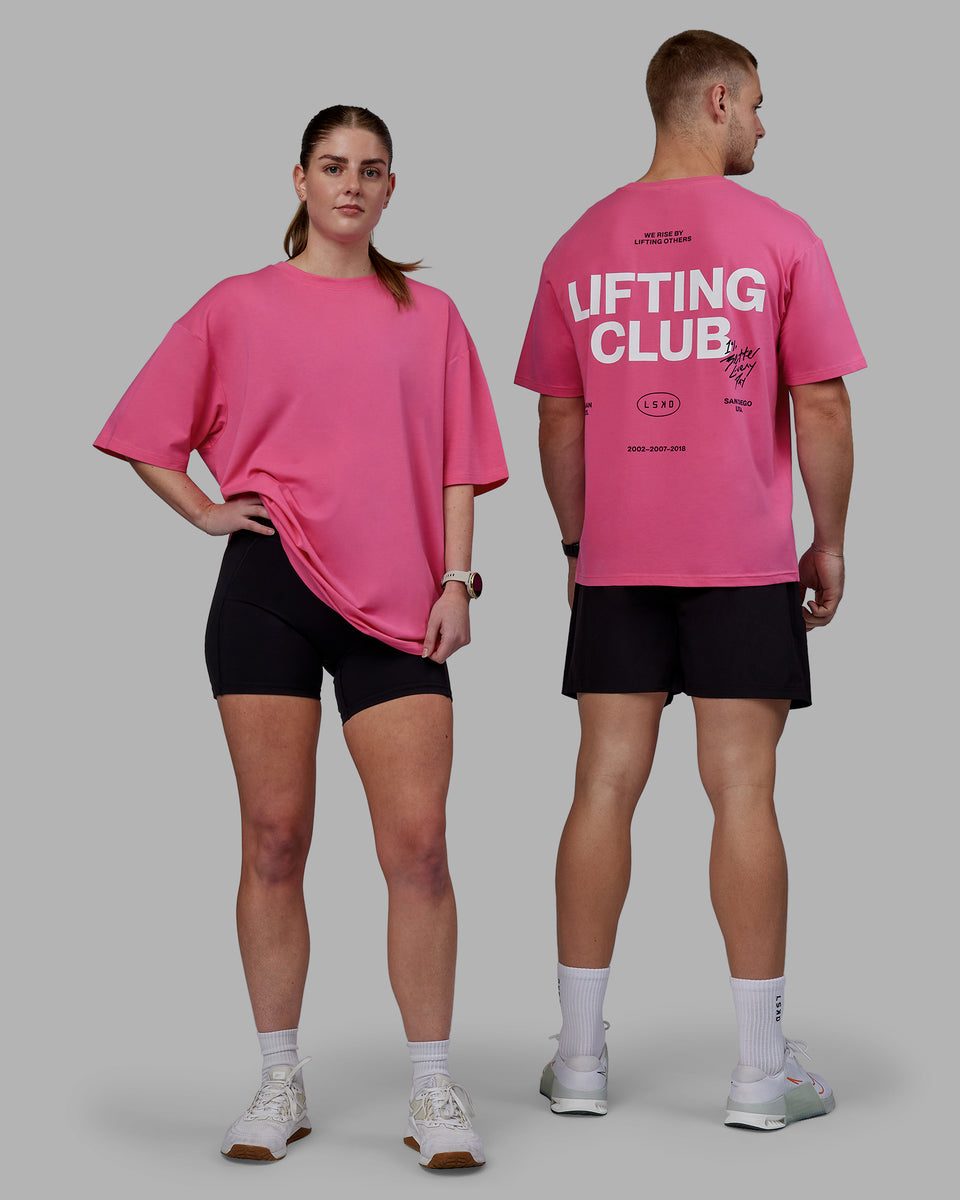 Duo wearing Unisex Lifting Club FLXCotton Tee Oversize - Carmine Rose-White