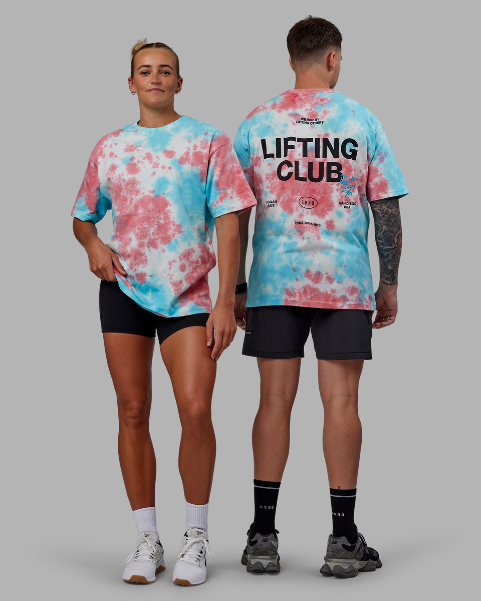 Duo wearing Unisex Lifting Club Heavyweight Tee Oversize - Scarlet-Tie Dye