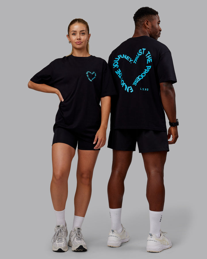 Duo wearing Love The Process FLXCotton Oversize Tee - Black-Blue Atoll | Model:Both | Size:Duo
