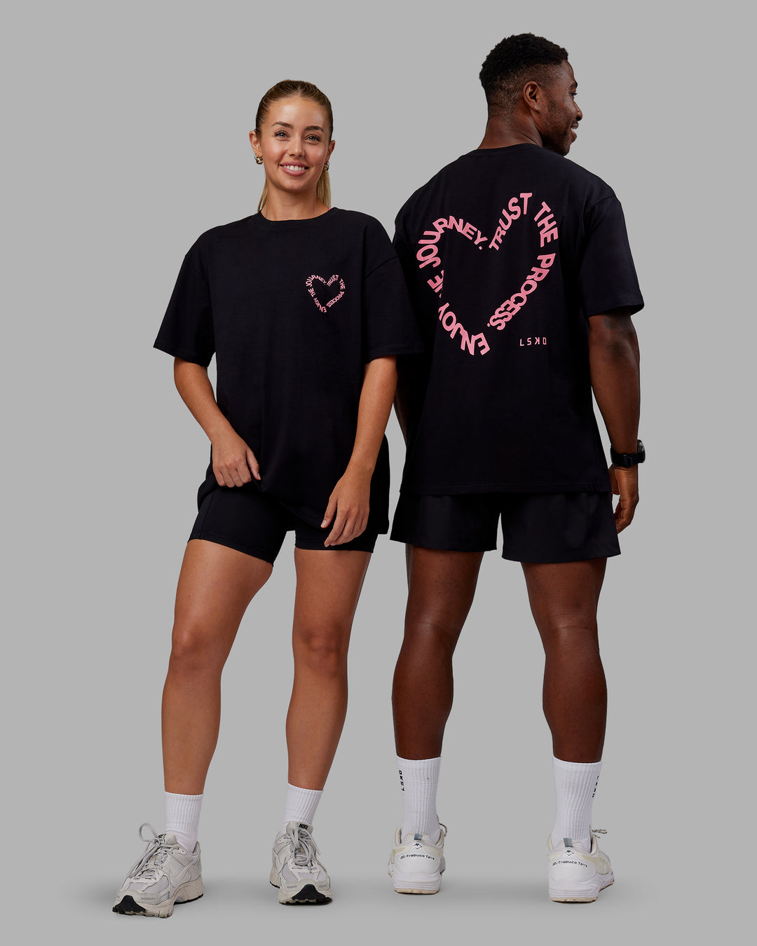 Duo wearing Love The Process FLXCotton Oversize Tee - Black-Pink Lemonade | Model:Both | Size:Duo