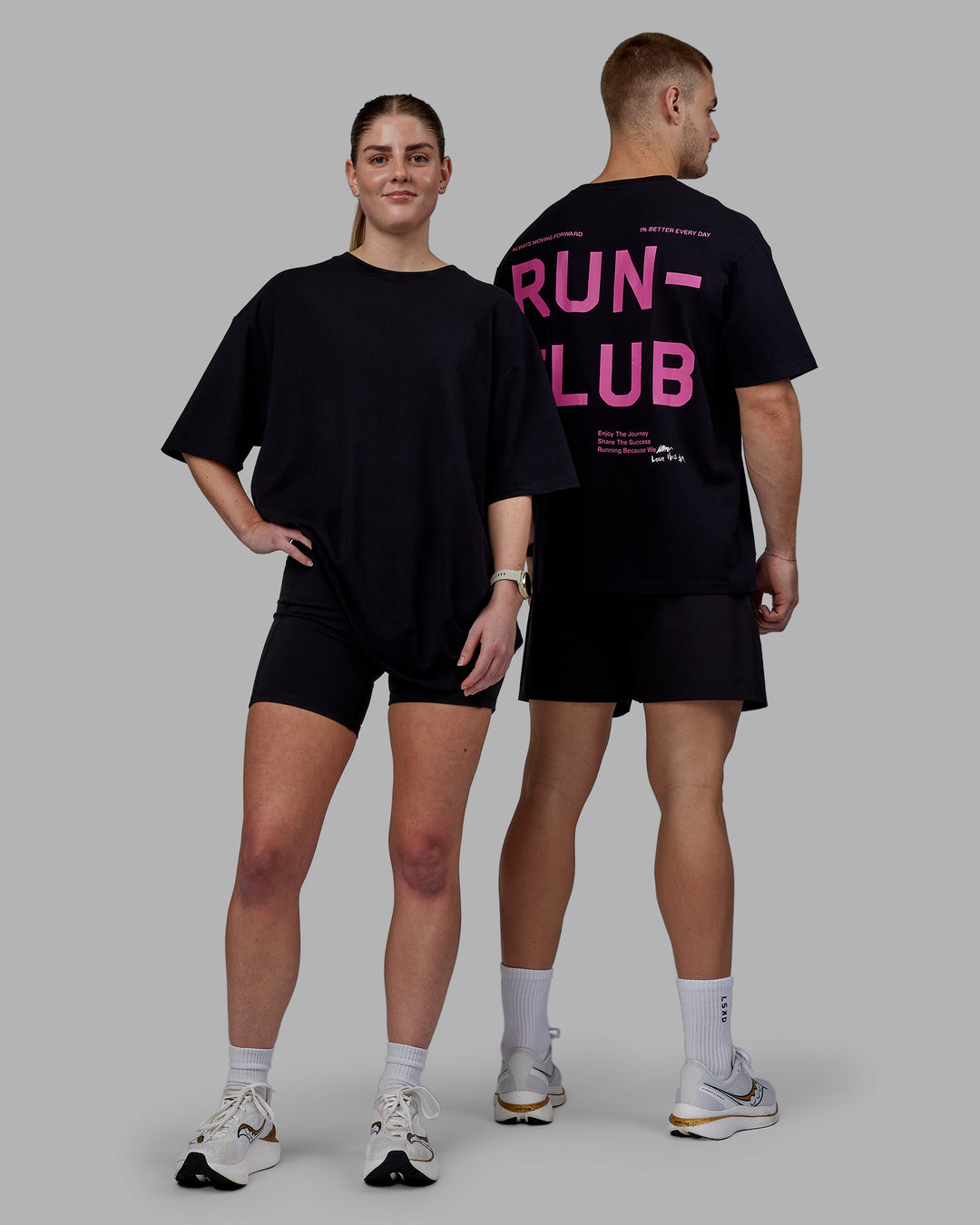 Duo wearing Unisex Love The Run FLXCotton Tee Oversize - Black-Fuschia Pink