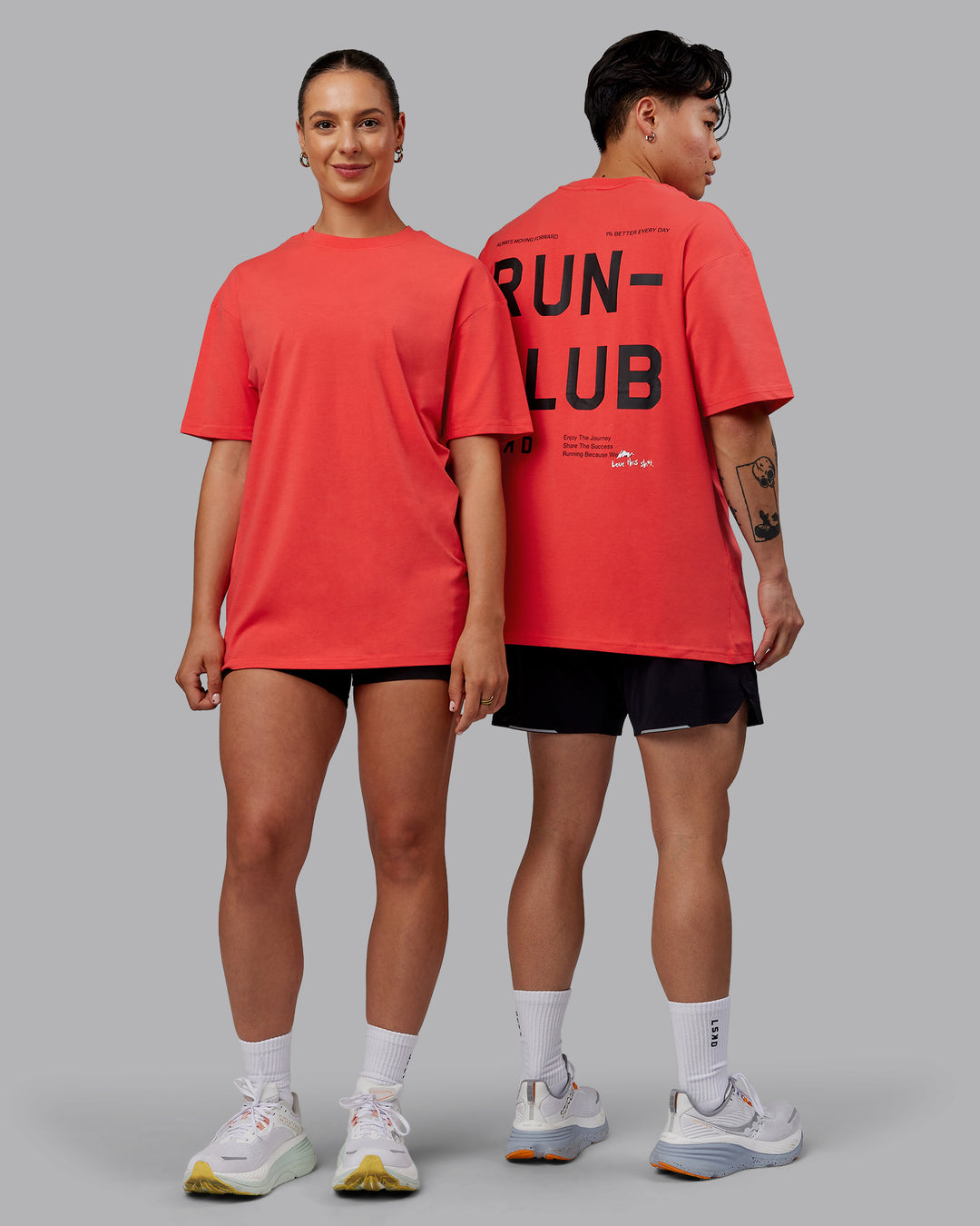 Duo wearing Unisex Love The Run FLXCotton Tee Oversize - Cayenne-Black