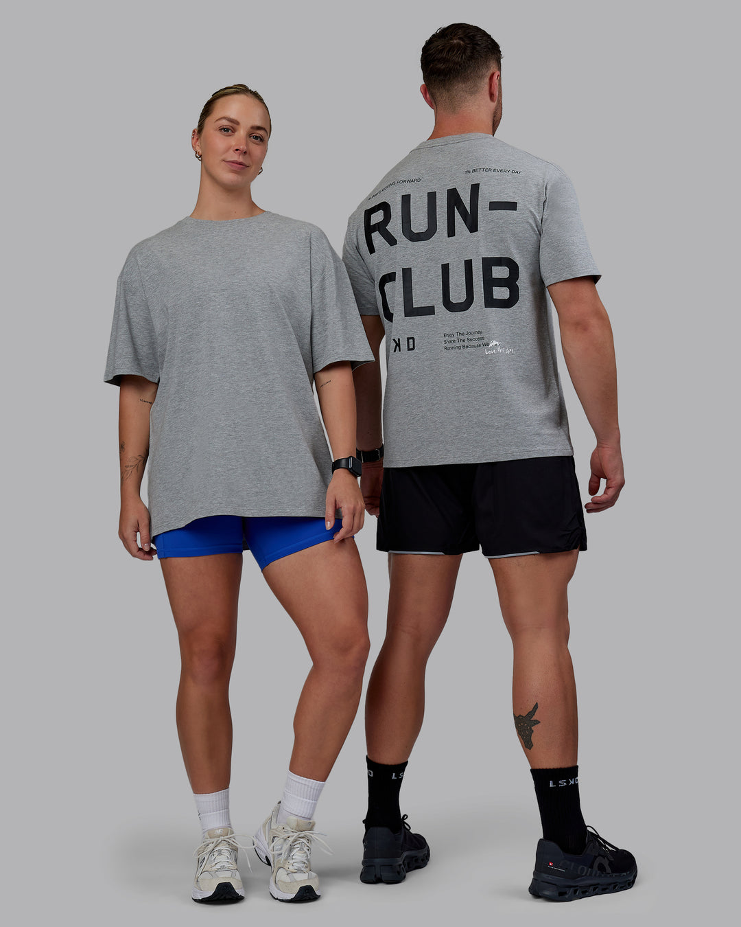 Duo wearing Unisex Love The Run FLXCotton Tee Oversize - Light Grey Marl-Black