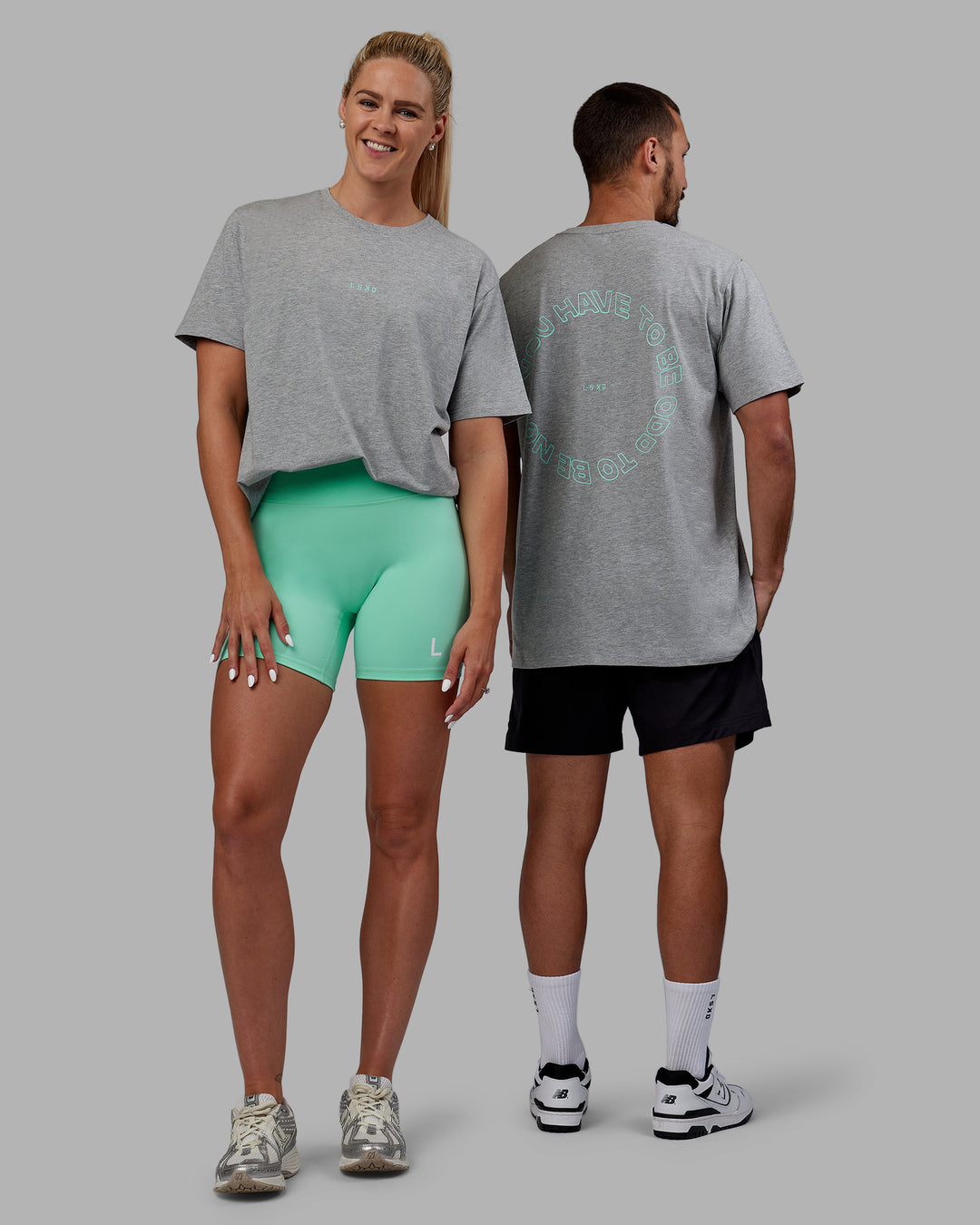 Duo wearing Unisex Resilient FLXCotton Tee - Light Grey Marl-Ice Green