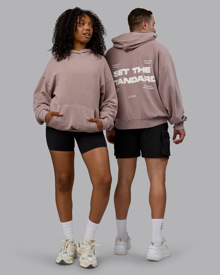 Duo wearing Unisex Washed Set the Standard Hoodie Oversize - Greyish Purple-Off White
