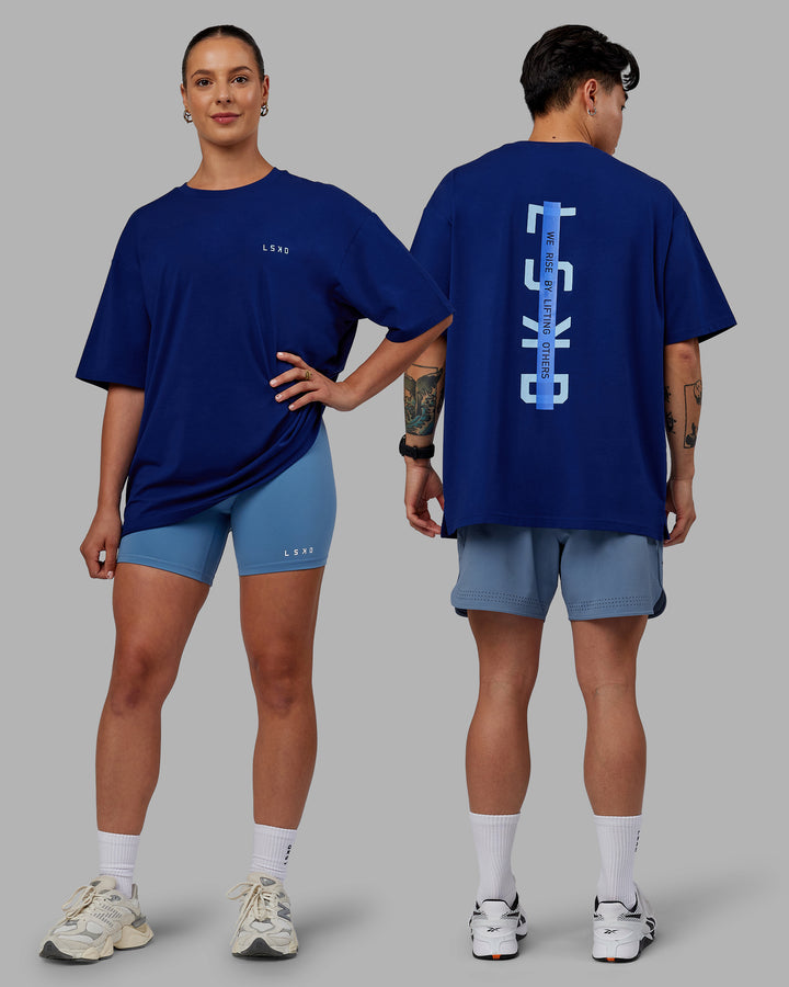 Duo wearing Unisex Strike Through FLXCotton Tee Oversize - Midnight Blue-Glacial Blue
