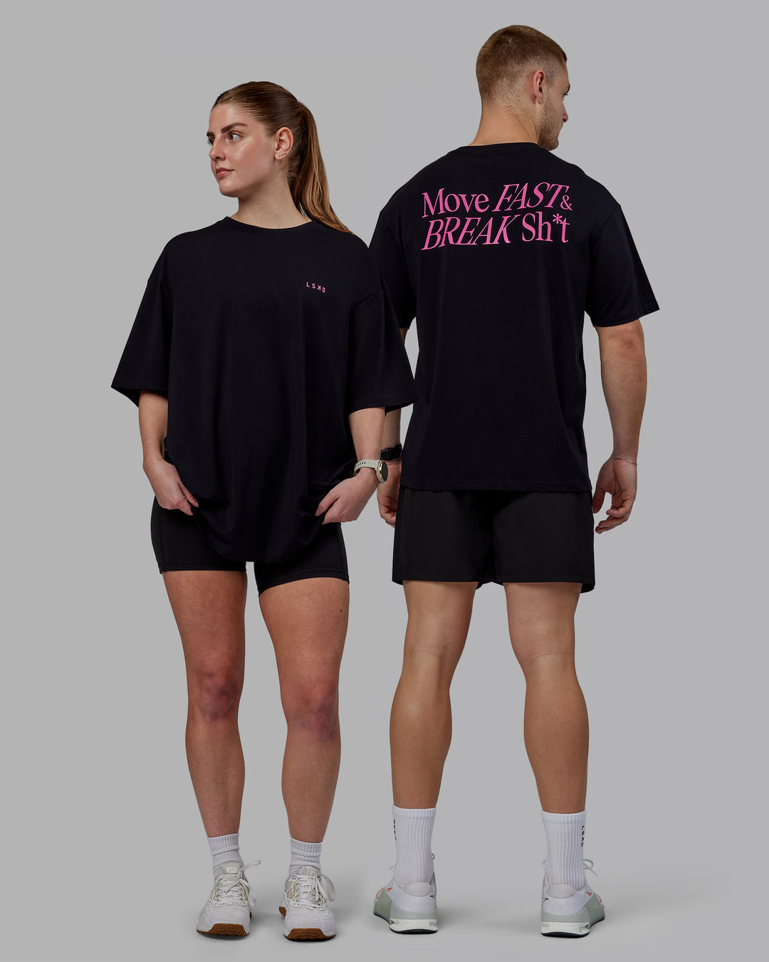 Duo wearing Unisex VS5 FLXCotton Tee Oversize - Black-Fuschia Pink