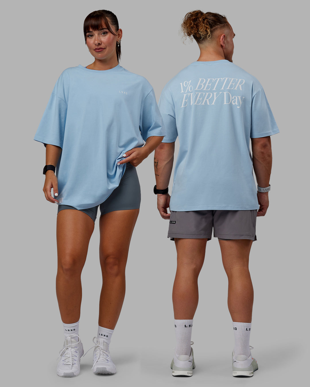 Duo wearing Unisex VS6 FLXCotton Tee Oversize - Glacial Blue-White