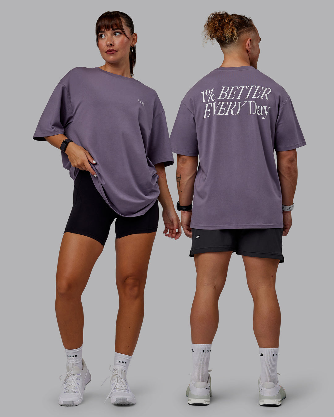 Duo wearing Unisex VS6 FLXCotton Tee Oversize - Purple Sage-White