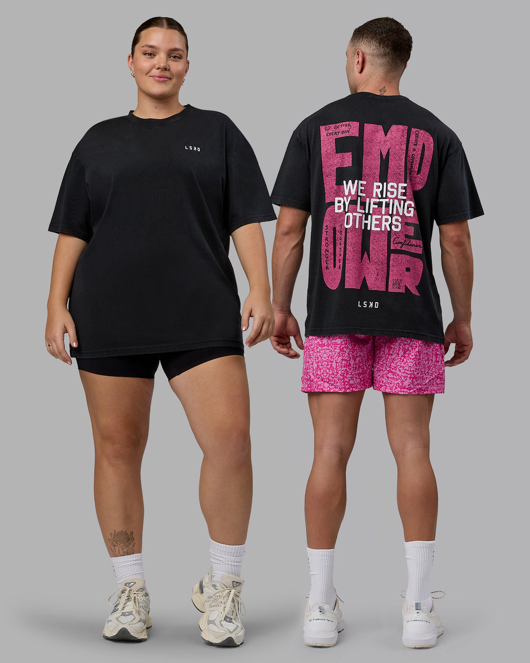 Duo wearing Unisex Washed Empower Tee Oversize - Black-Berry Pink