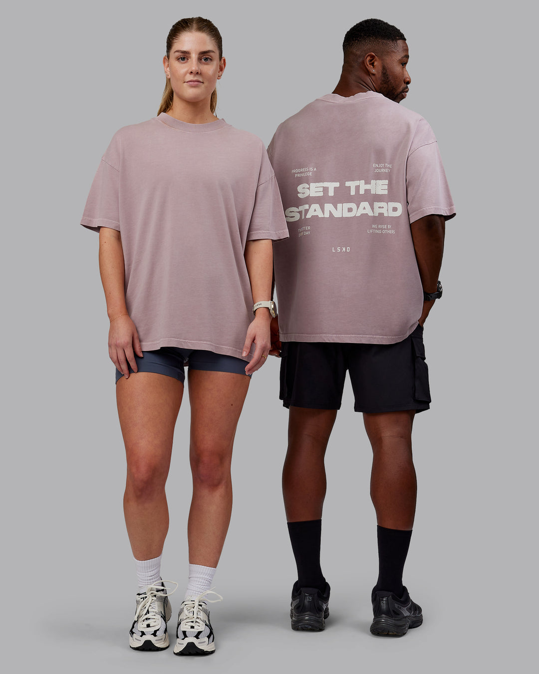 Duo wearing Unisex Washed Set The Standard Heavyweight Tee Oversize - Greyish Purple-Off White