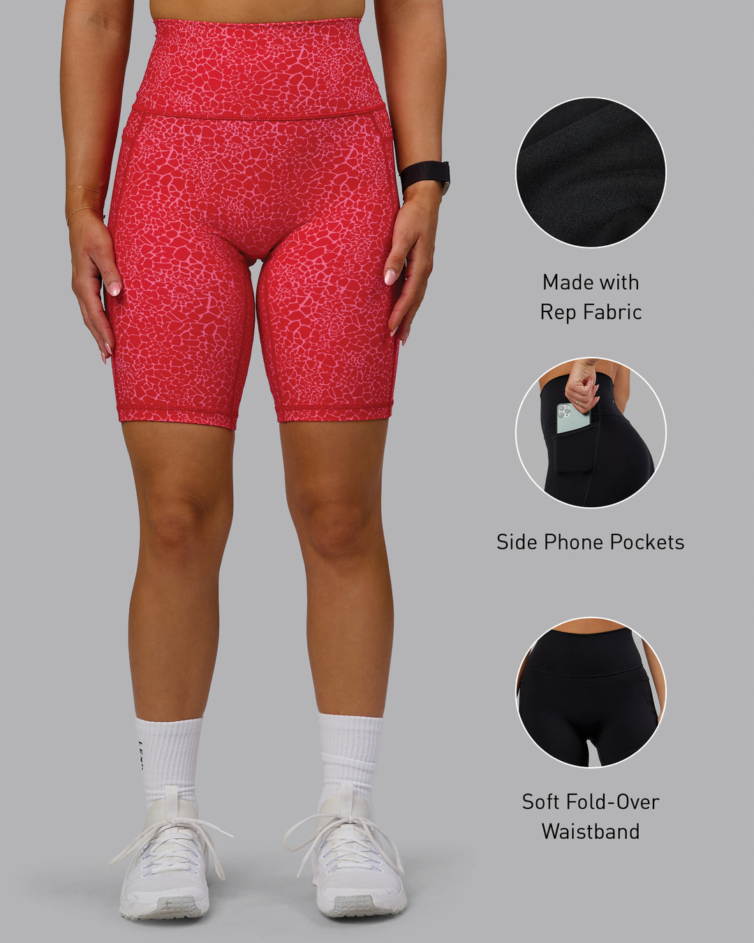 Woman wearing Fusion Bike Shorts - Red Vitality Print