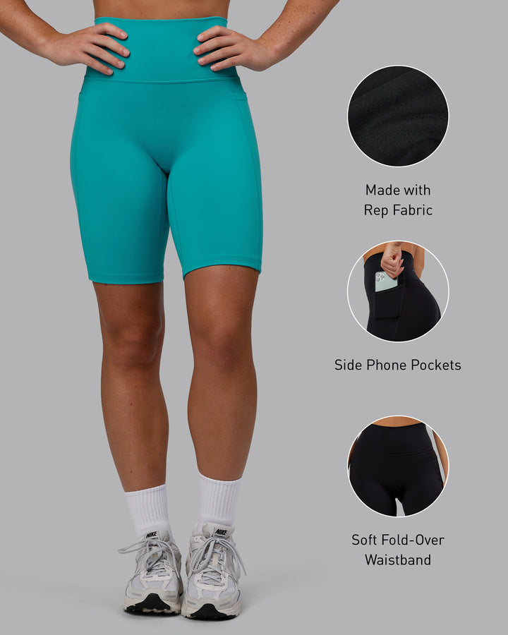 Woman wearing Fusion Bike Shorts - Uplift Blue
