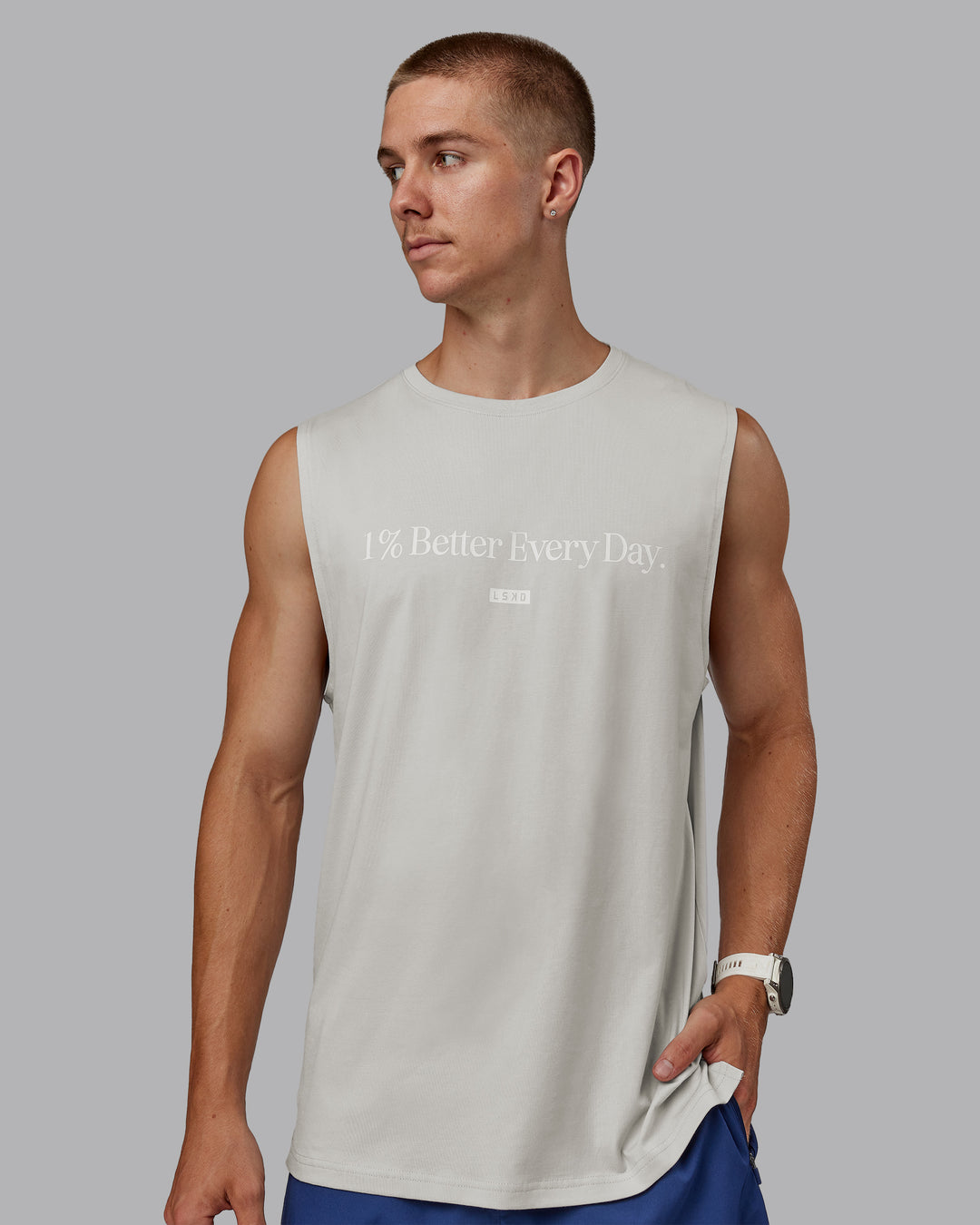 Man wearing 1% Better FLXCotton Training Fit Tank in Digital Mist/White | Size:L