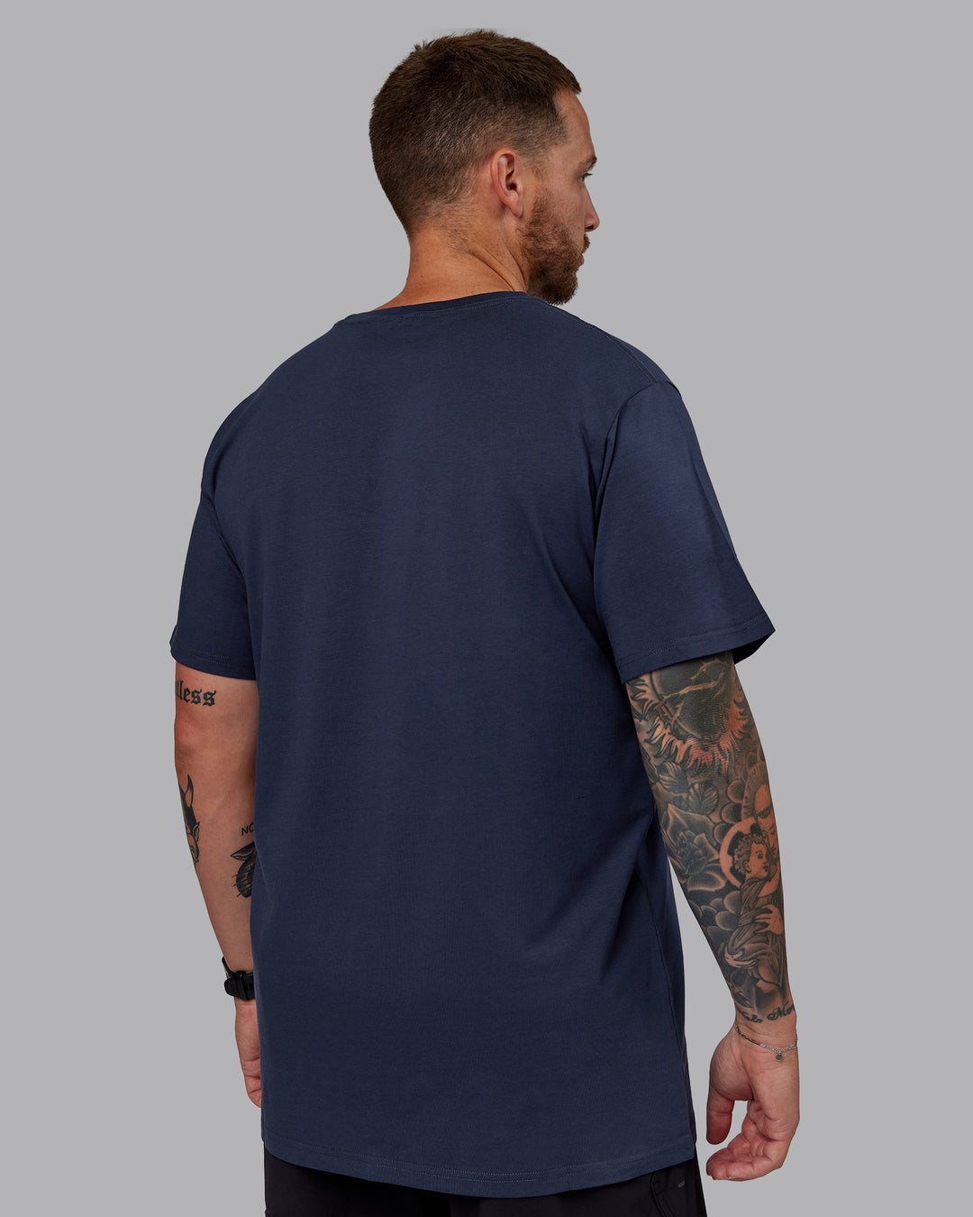 Man wearing Base FLXCotton Tee in Future Navy | Size:L