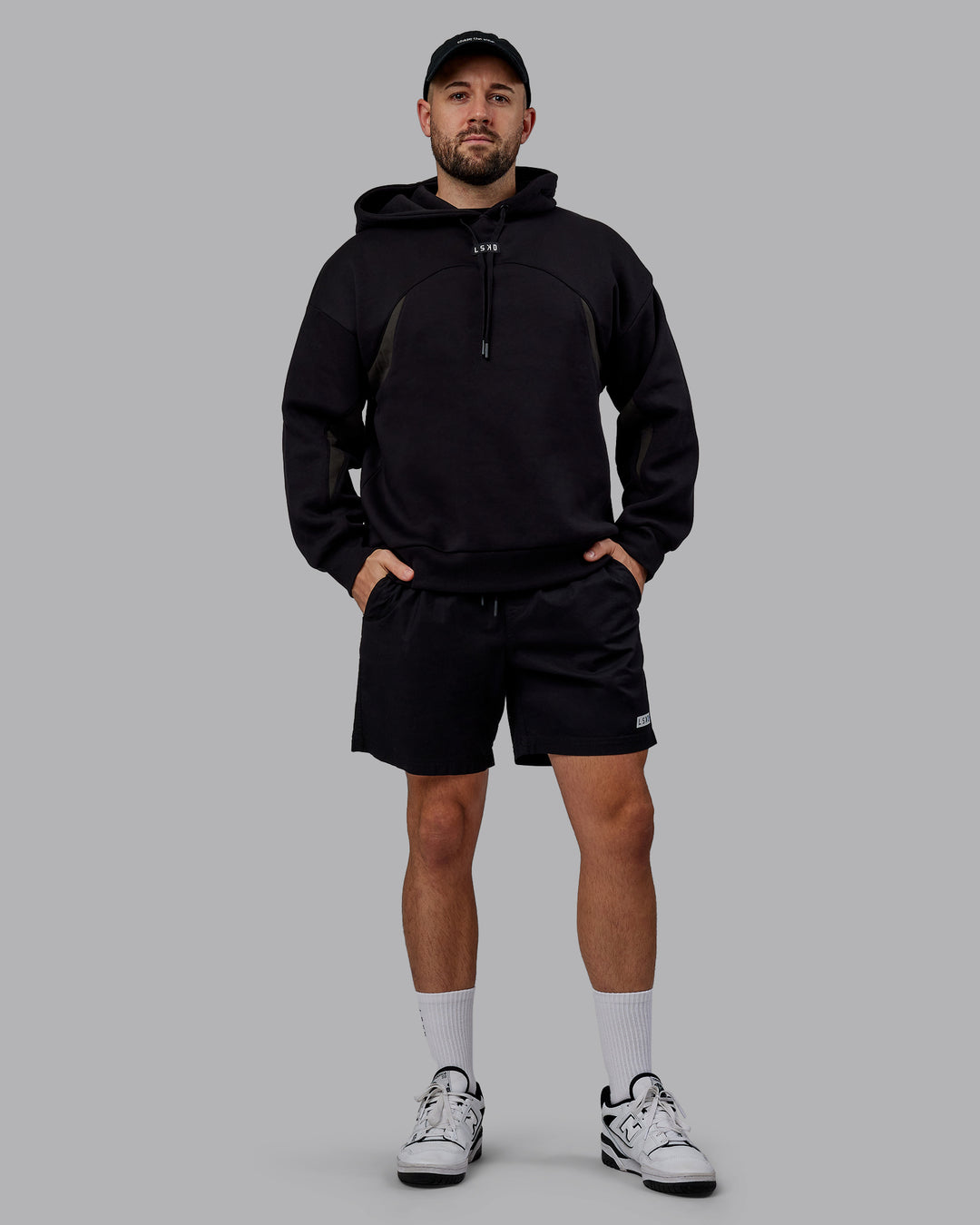 Man wearing Unisex Y2K Concept Panel Hoodie - Black-Pirate Black