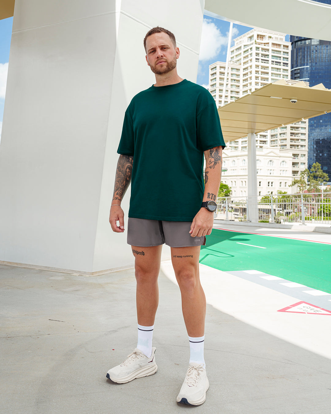 Man wearing Pace Lined Performance Short  5&quot; in Storm Front | Size:M