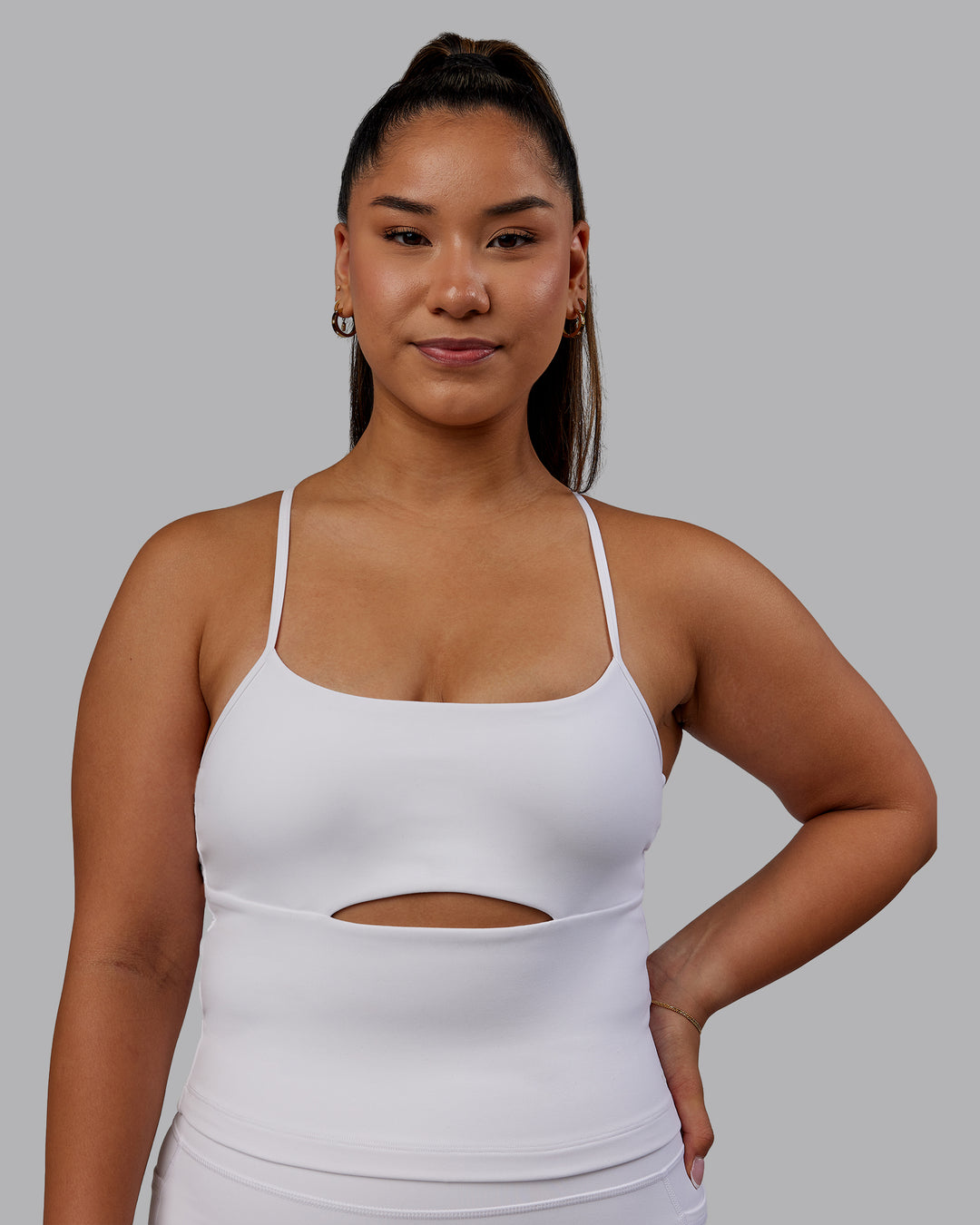 Woman wearing Bree Masters Form Shelf Bra Tank - White