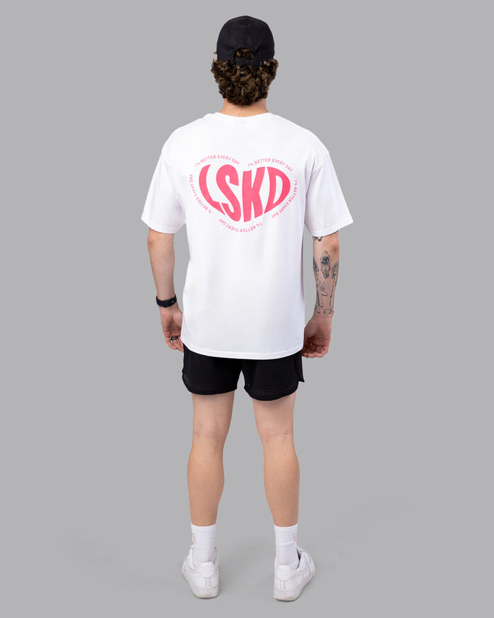 Man wearing Unisex Love To Train FLXCotton Tee Oversize - White-Pink Lemonade | Size:M
